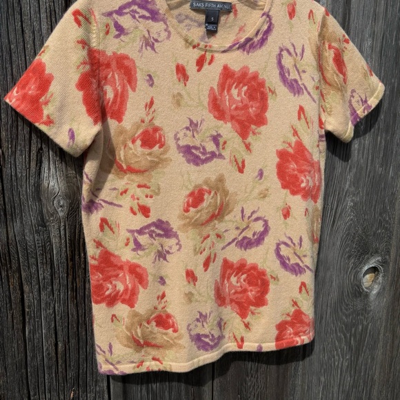 Saks Fifth Avenue Floral Short Sleeve 100% Cashmere Sweater Top Size S - Picture 5 of 9